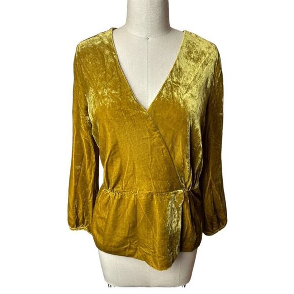 J. Crew Mustard Yellow Velvet V-Neck Blouse Top Women's Size 4 - Picture 2 of 8